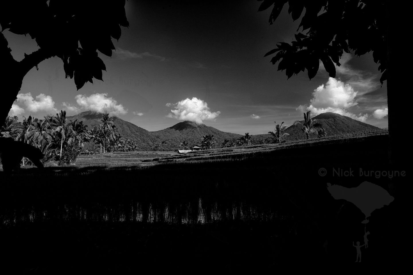 	Three Mountains With Puffy Clouds, Jatiluwih (mono)	 